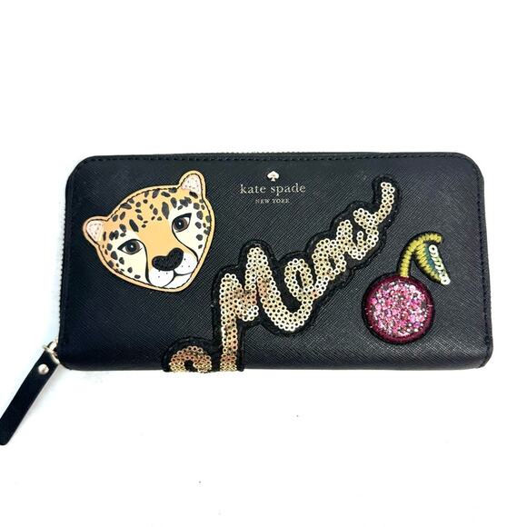 Kate Spade Needa Run Wild Meow Cheetah Leather Large Zippered Wallet - Picture 1 of 8
